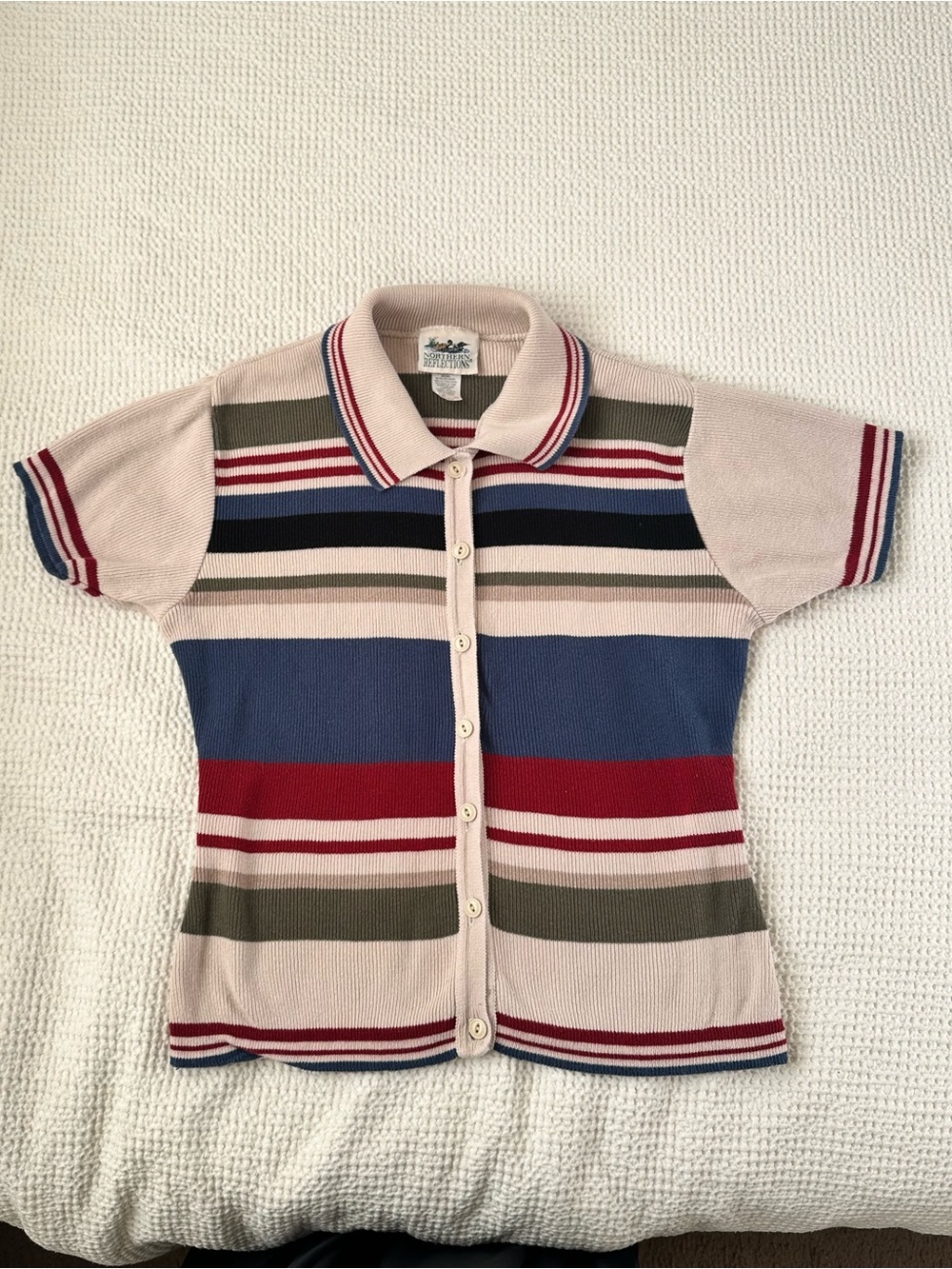 Vintage Cotton Short-Sleeve Striped Polo Cardigan top - Multicolor xlarge